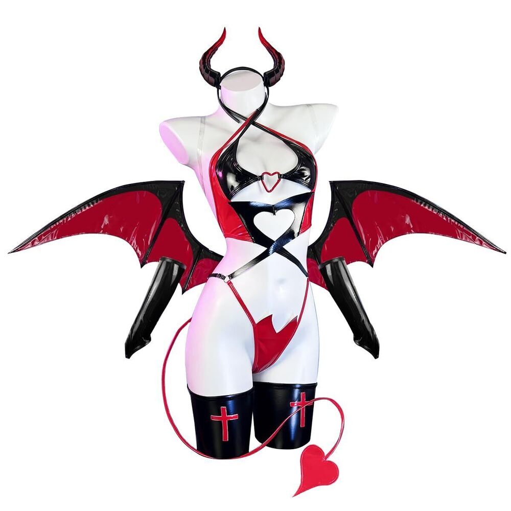 4478 Succubus costume premium pu cosplay lingerie wing devil lingerie Red/